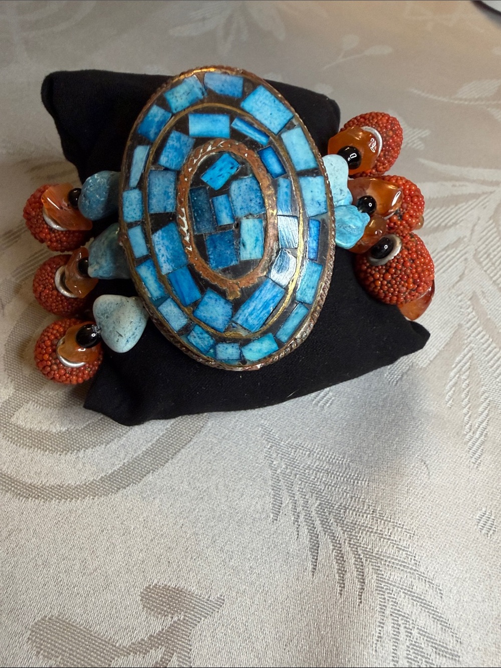 Turquoise Mosaic and Coral-Bead Statement Bracelet
